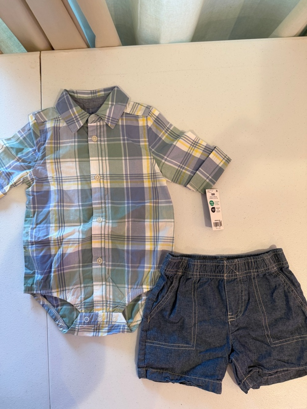 OshKosh B'gosh Pastel Plaid Button-Down Onesie.  Carter denim shorts. 18 months
